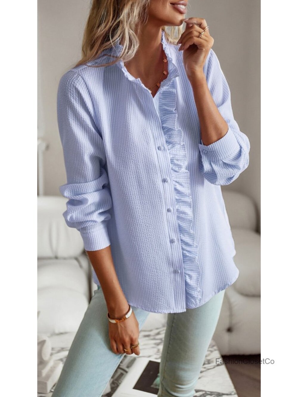 Ruffle Trim Button Up Long Sleeve Blouse Mock Neck Work Shirt - Picture 6 of 6